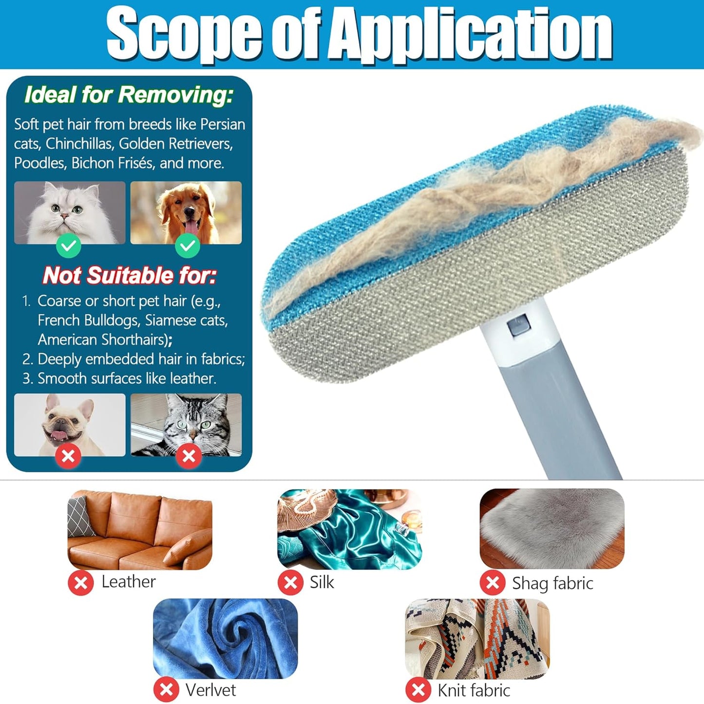 Magic Pet Hair Remover for Dog Cat Owner 2 Pieces, TikTok 4 in 1 Multifunctional Pet Hair Removal Tool for Couch Furniture Carpet Clothing, Reusable Washable Broom Brush for Window Tile Lint Cleaning