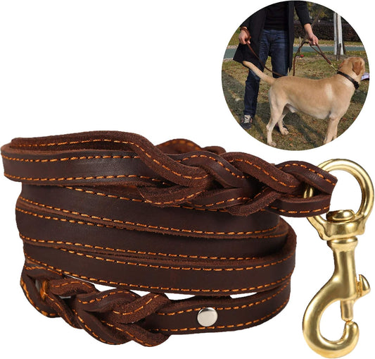 Genuine Leather Dog Leash with Double Handle - 6 ft Long & 5/8" Wide Braided Genuine Leather Dog Leash/Heavy Duty Leash for Large Medium Dogs Training & Walking - 6 ft