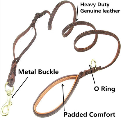Genuine Leather Dog Leash with Double Handle - 6 ft Long & 5/8" Wide Braided Genuine Leather Dog Leash/Heavy Duty Leash for Large Medium Dogs Training & Walking - 6 ft
