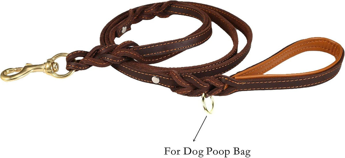 Genuine Leather Dog Leash with Double Handle - 6 ft Long & 5/8" Wide Braided Genuine Leather Dog Leash/Heavy Duty Leash for Large Medium Dogs Training & Walking - 6 ft