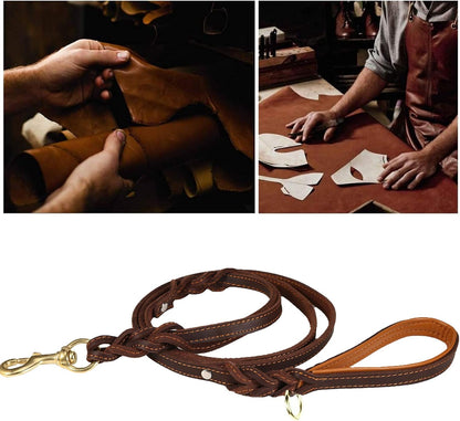 Genuine Leather Dog Leash with Double Handle - 6 ft Long & 5/8" Wide Braided Genuine Leather Dog Leash/Heavy Duty Leash for Large Medium Dogs Training & Walking - 6 ft
