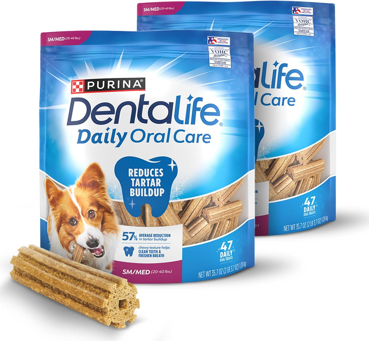 Daily Oral Care Dog Treats for Small and Medium Dogs, Chewy Dental Treat to Freshen Breath and Fight Tartar, Chicken Flavor - 40 ct. Pouch