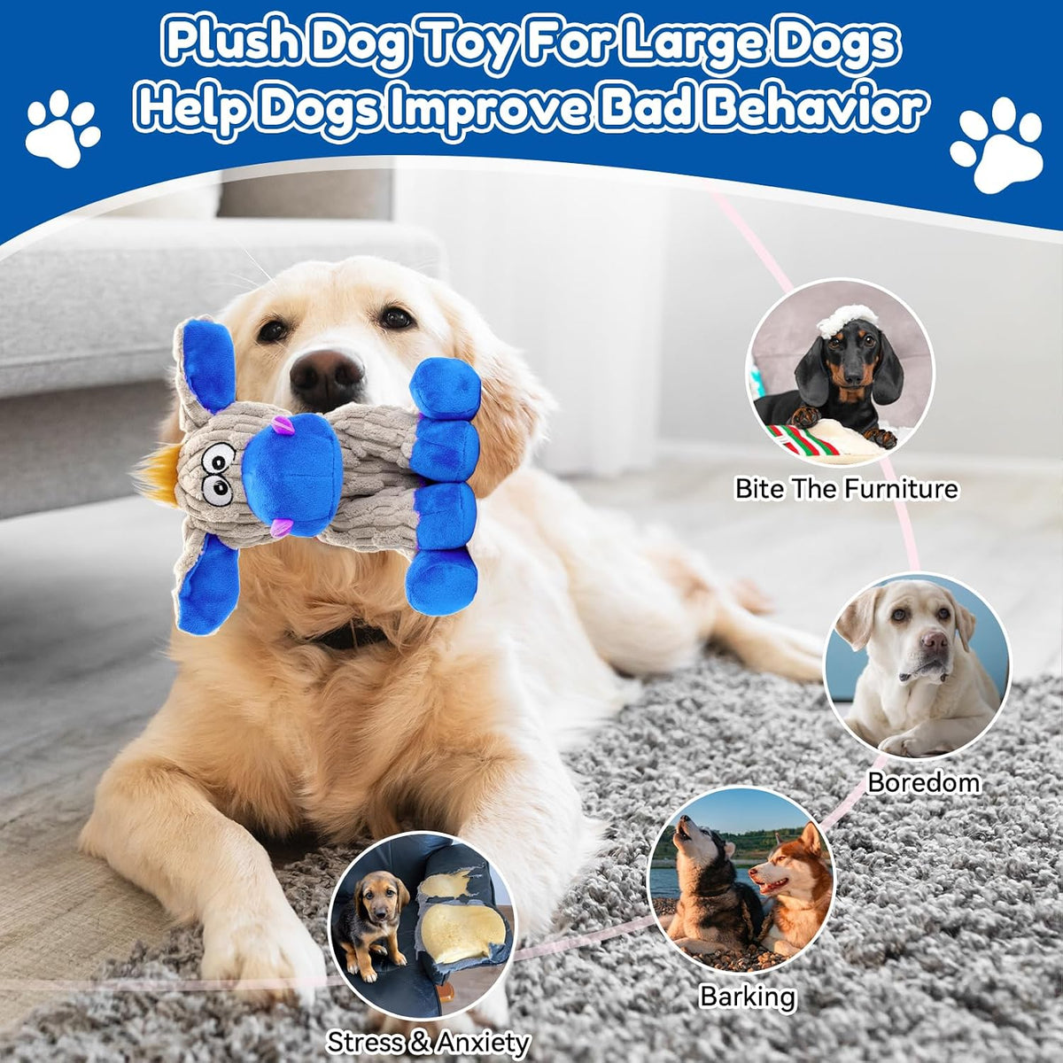 Plush Chew Toys for Large Dogs, Tough Crinkle Stuffed Animal Squeaky Interactive Toys for Small Medium Large Dogs, Keep Them Busy, Big Pet Toys
