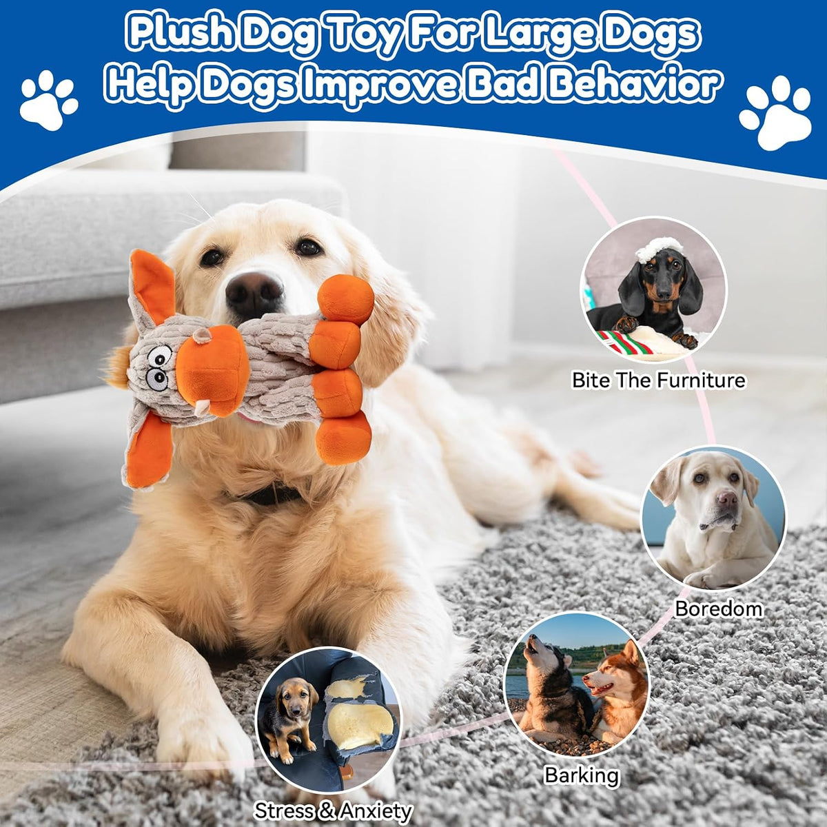 Plush Chew Toys for Large Dogs, Tough Crinkle Stuffed Animal Squeaky Interactive Toys for Small Medium Large Dogs, Keep Them Busy, Big Pet Toys
