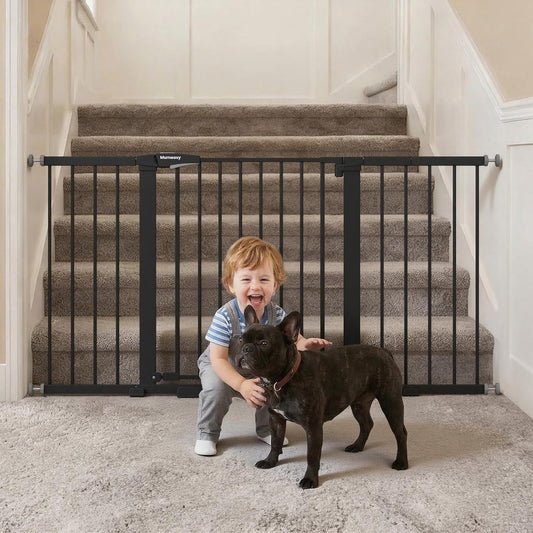 Mumeasy 29.7-57" Extra Wide Baby Gate for Doorways, Auto Close Dog Gate Indoor for Stairs, No-Drill Pressure Mounted Pet Gate with Door, Easy Walk Thru Long&Large Safety Gate for House, Outdoor, White