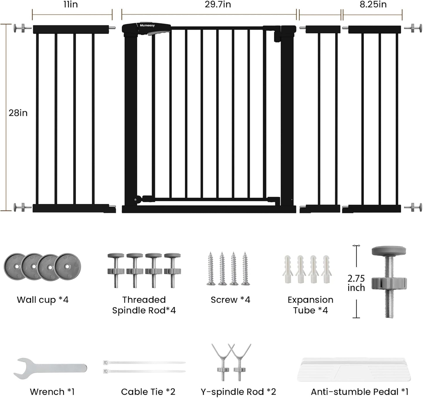 Mumeasy 29.7-57" Extra Wide Baby Gate for Doorways, Auto Close Dog Gate Indoor for Stairs, No-Drill Pressure Mounted Pet Gate with Door, Easy Walk Thru Long&Large Safety Gate for House, Outdoor, White