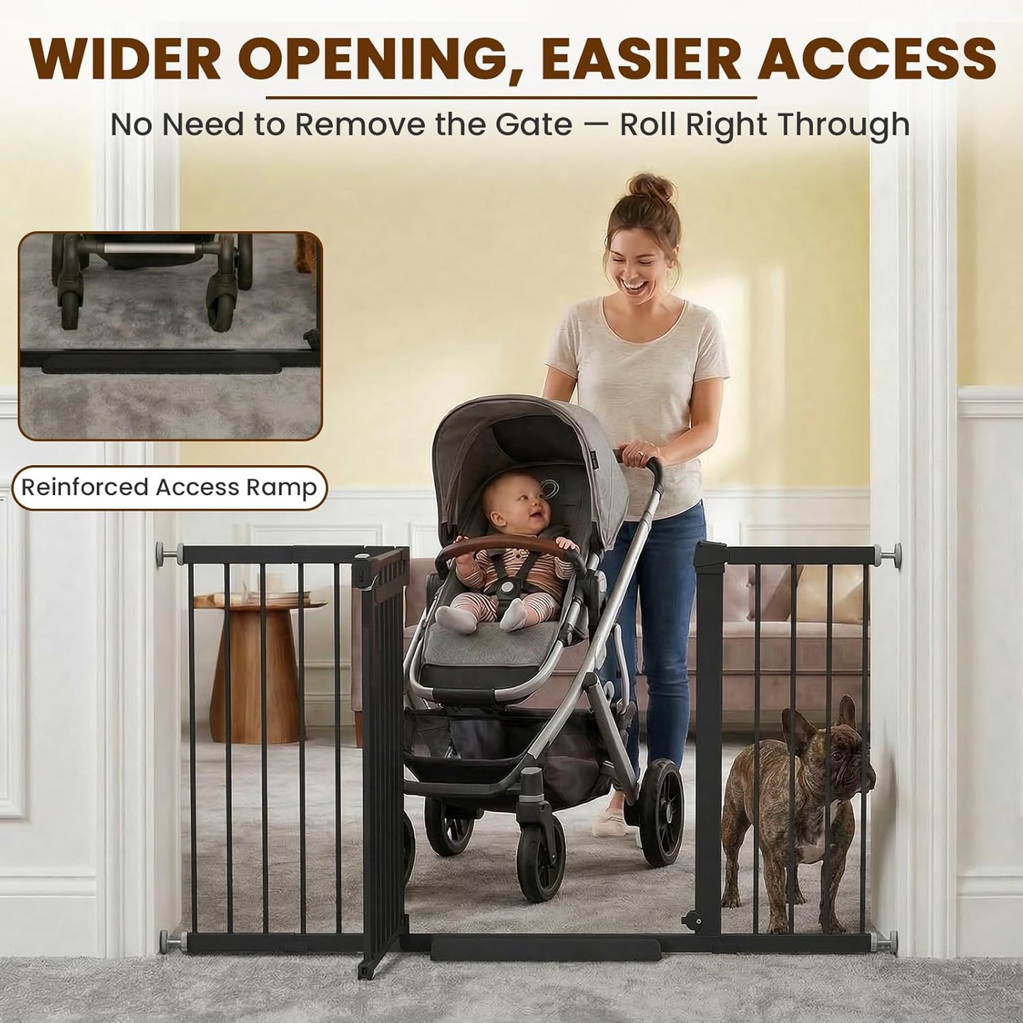Mumeasy 29.7-57" Extra Wide Baby Gate for Doorways, Auto Close Dog Gate Indoor for Stairs, No-Drill Pressure Mounted Pet Gate with Door, Easy Walk Thru Long&Large Safety Gate for House, Outdoor, White