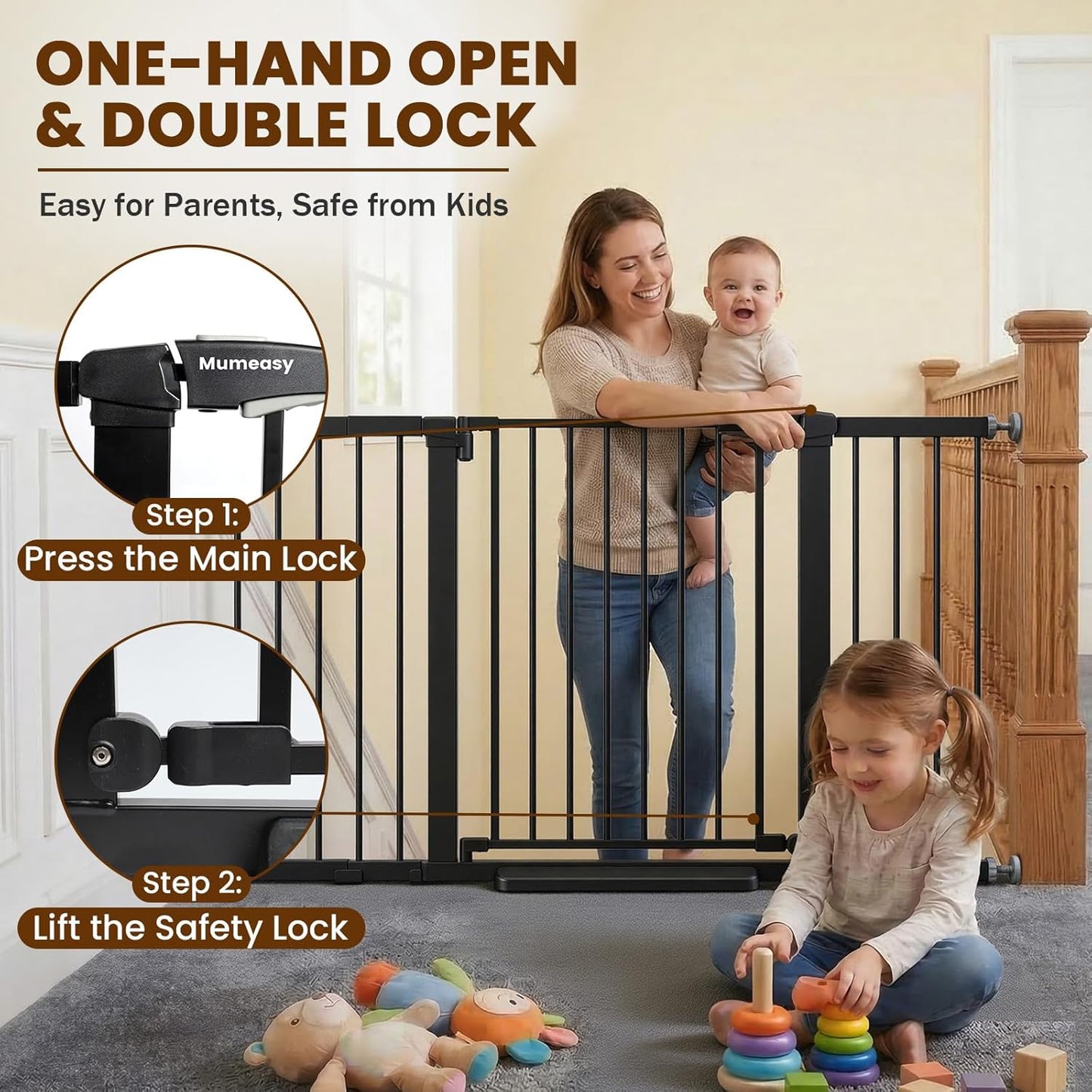 Mumeasy 29.7-57" Extra Wide Baby Gate for Doorways, Auto Close Dog Gate Indoor for Stairs, No-Drill Pressure Mounted Pet Gate with Door, Easy Walk Thru Long&Large Safety Gate for House, Outdoor, White