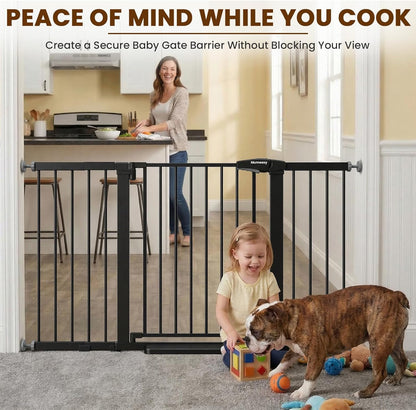 Mumeasy 29.7-57" Extra Wide Baby Gate for Doorways, Auto Close Dog Gate Indoor for Stairs, No-Drill Pressure Mounted Pet Gate with Door, Easy Walk Thru Long&Large Safety Gate for House, Outdoor, White