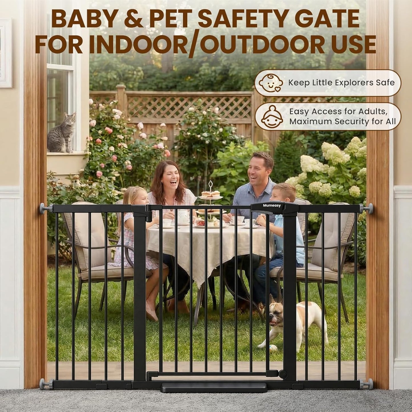 Mumeasy 29.7-57" Extra Wide Baby Gate for Doorways, Auto Close Dog Gate Indoor for Stairs, No-Drill Pressure Mounted Pet Gate with Door, Easy Walk Thru Long&Large Safety Gate for House, Outdoor, White