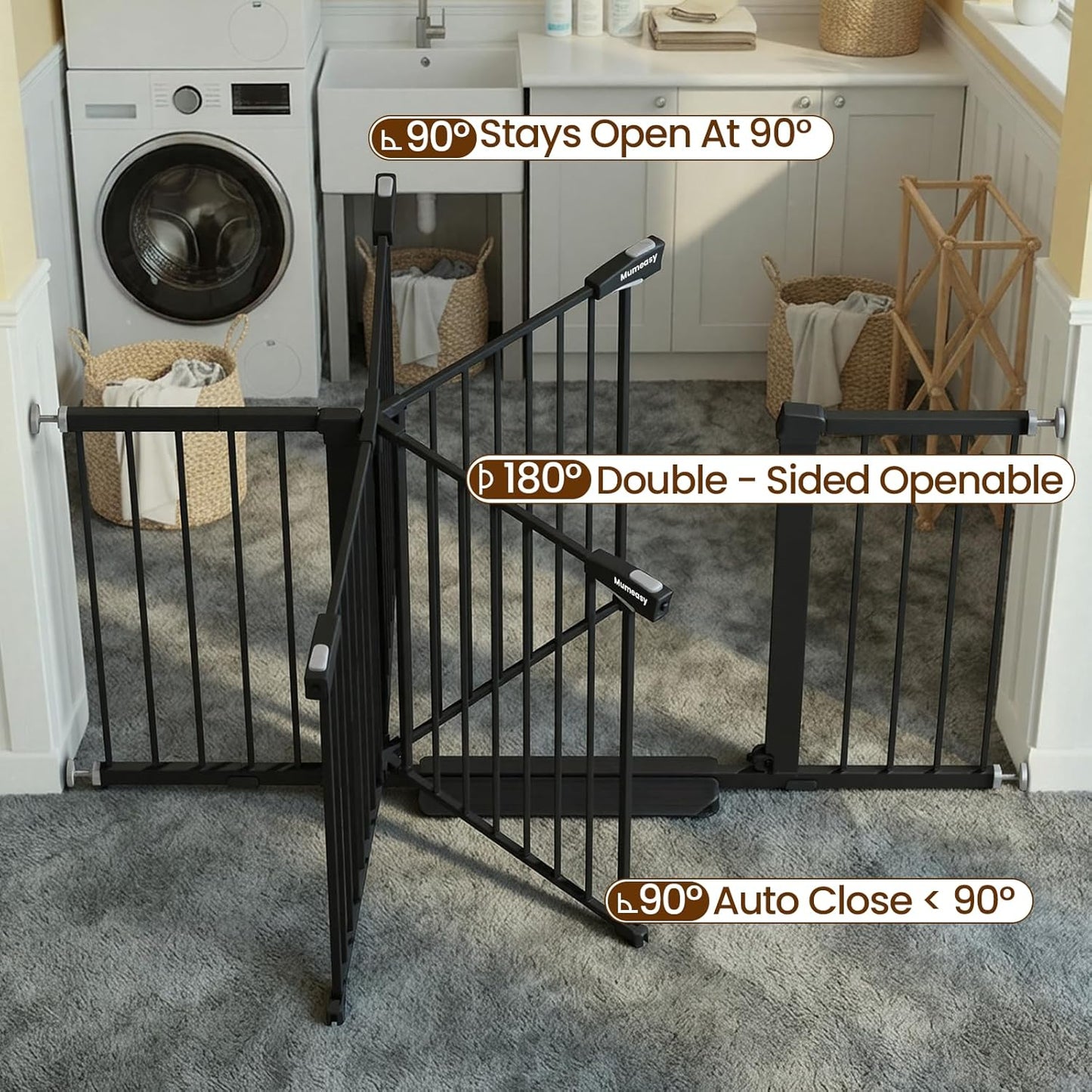 Mumeasy 29.7-57" Extra Wide Baby Gate for Doorways, Auto Close Dog Gate Indoor for Stairs, No-Drill Pressure Mounted Pet Gate with Door, Easy Walk Thru Long&Large Safety Gate for House, Outdoor, White