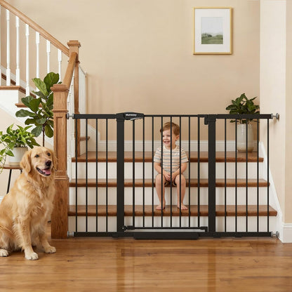 Mumeasy 29.7-57" Extra Wide Baby Gate for Doorways, Auto Close Dog Gate Indoor for Stairs, No-Drill Pressure Mounted Pet Gate with Door, Easy Walk Thru Long&Large Safety Gate for House, Outdoor, White