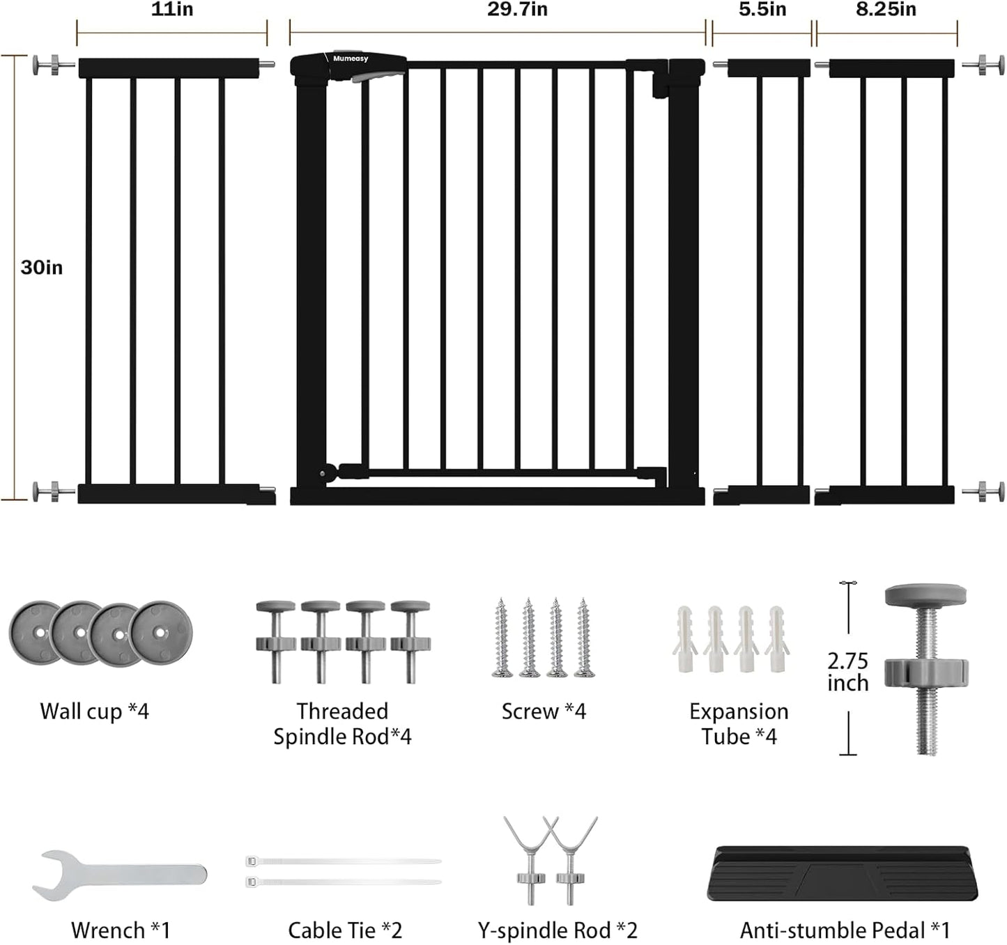 Mumeasy 29.7-57" Extra Wide Baby Gate for Doorways, Auto Close Dog Gate Indoor for Stairs, No-Drill Pressure Mounted Pet Gate with Door, Easy Walk Thru Long&Large Safety Gate for House, Outdoor, White
