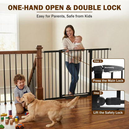 Mumeasy 29.7-57" Extra Wide Baby Gate for Doorways, Auto Close Dog Gate Indoor for Stairs, No-Drill Pressure Mounted Pet Gate with Door, Easy Walk Thru Long&Large Safety Gate for House, Outdoor, White