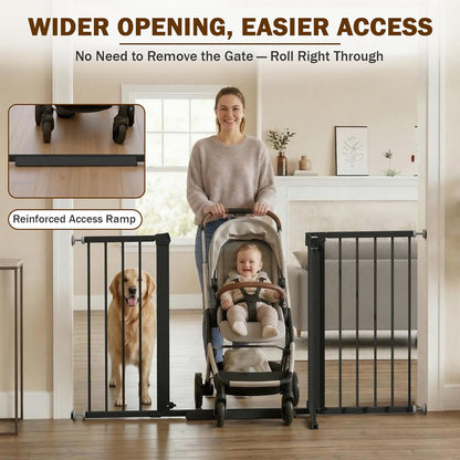Mumeasy 29.7-57" Extra Wide Baby Gate for Doorways, Auto Close Dog Gate Indoor for Stairs, No-Drill Pressure Mounted Pet Gate with Door, Easy Walk Thru Long&Large Safety Gate for House, Outdoor, White