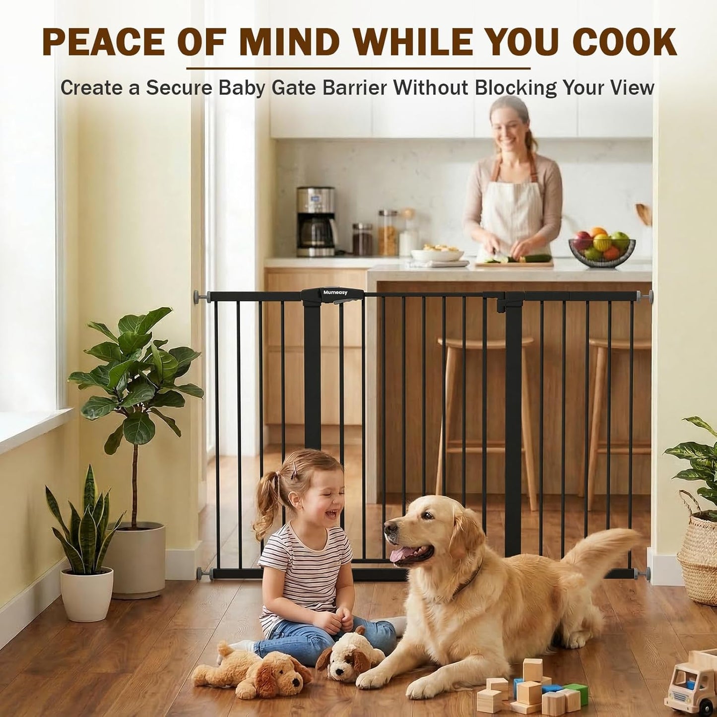 Mumeasy 29.7-57" Extra Wide Baby Gate for Doorways, Auto Close Dog Gate Indoor for Stairs, No-Drill Pressure Mounted Pet Gate with Door, Easy Walk Thru Long&Large Safety Gate for House, Outdoor, White