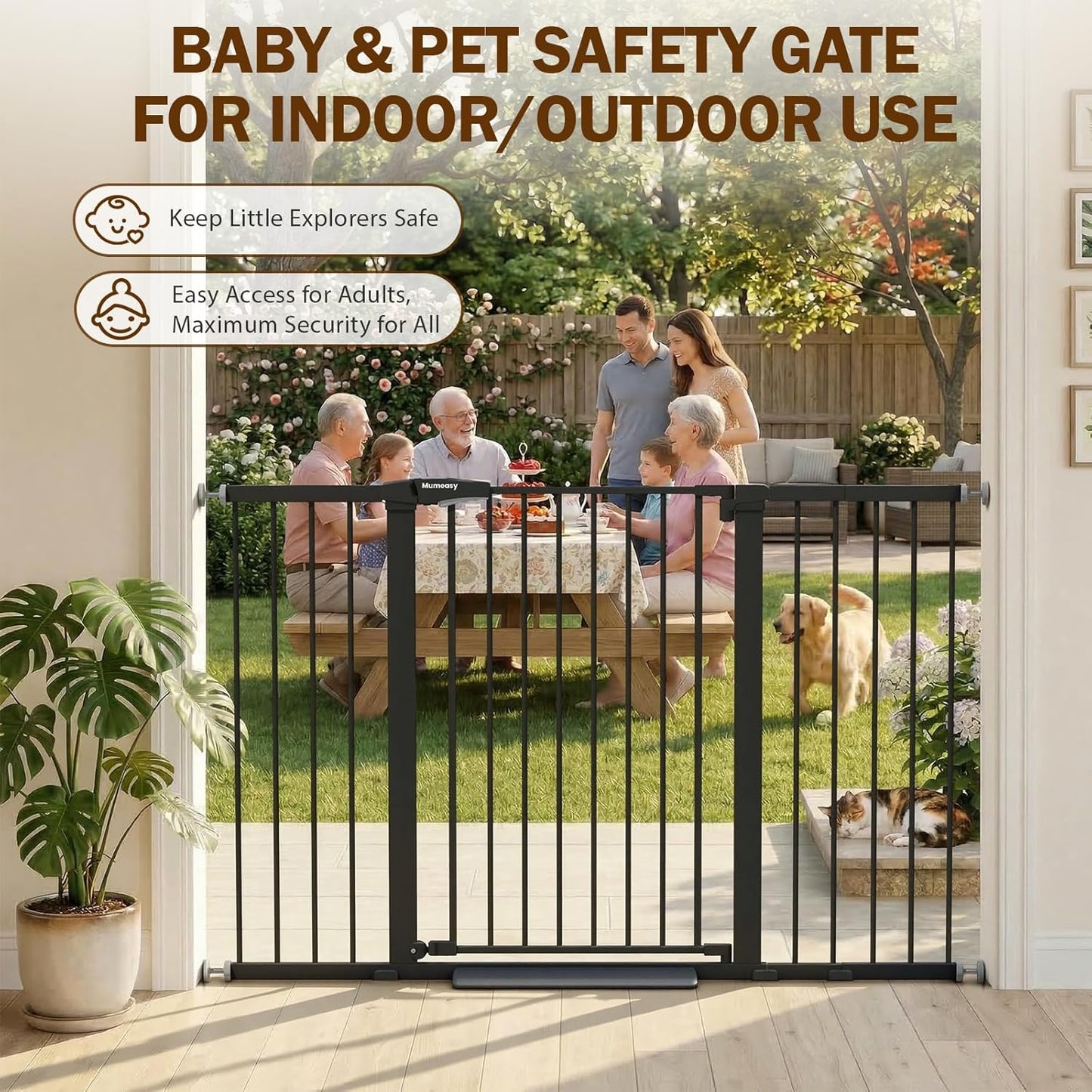 Mumeasy 29.7-57" Extra Wide Baby Gate for Doorways, Auto Close Dog Gate Indoor for Stairs, No-Drill Pressure Mounted Pet Gate with Door, Easy Walk Thru Long&Large Safety Gate for House, Outdoor, White