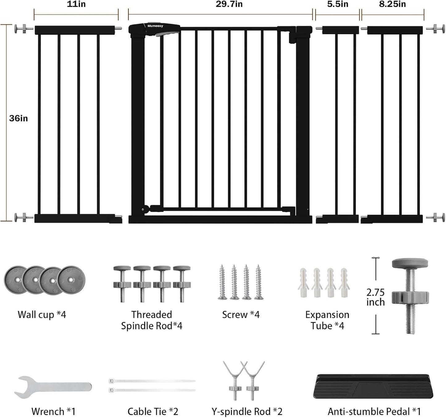 Mumeasy 29.7-57" Extra Wide Baby Gate for Doorways, Auto Close Dog Gate Indoor for Stairs, No-Drill Pressure Mounted Pet Gate with Door, Easy Walk Thru Long&Large Safety Gate for House, Outdoor, White