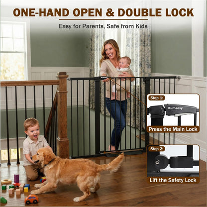 Mumeasy 29.7-57" Extra Wide Baby Gate for Doorways, Auto Close Dog Gate Indoor for Stairs, No-Drill Pressure Mounted Pet Gate with Door, Easy Walk Thru Long&Large Safety Gate for House, Outdoor, White
