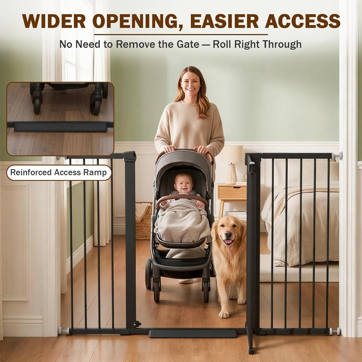 Mumeasy 29.7-57" Extra Wide Baby Gate for Doorways, Auto Close Dog Gate Indoor for Stairs, No-Drill Pressure Mounted Pet Gate with Door, Easy Walk Thru Long&Large Safety Gate for House, Outdoor, White