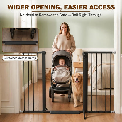 Mumeasy 29.7-57" Extra Wide Baby Gate for Doorways, Auto Close Dog Gate Indoor for Stairs, No-Drill Pressure Mounted Pet Gate with Door, Easy Walk Thru Long&Large Safety Gate for House, Outdoor, White