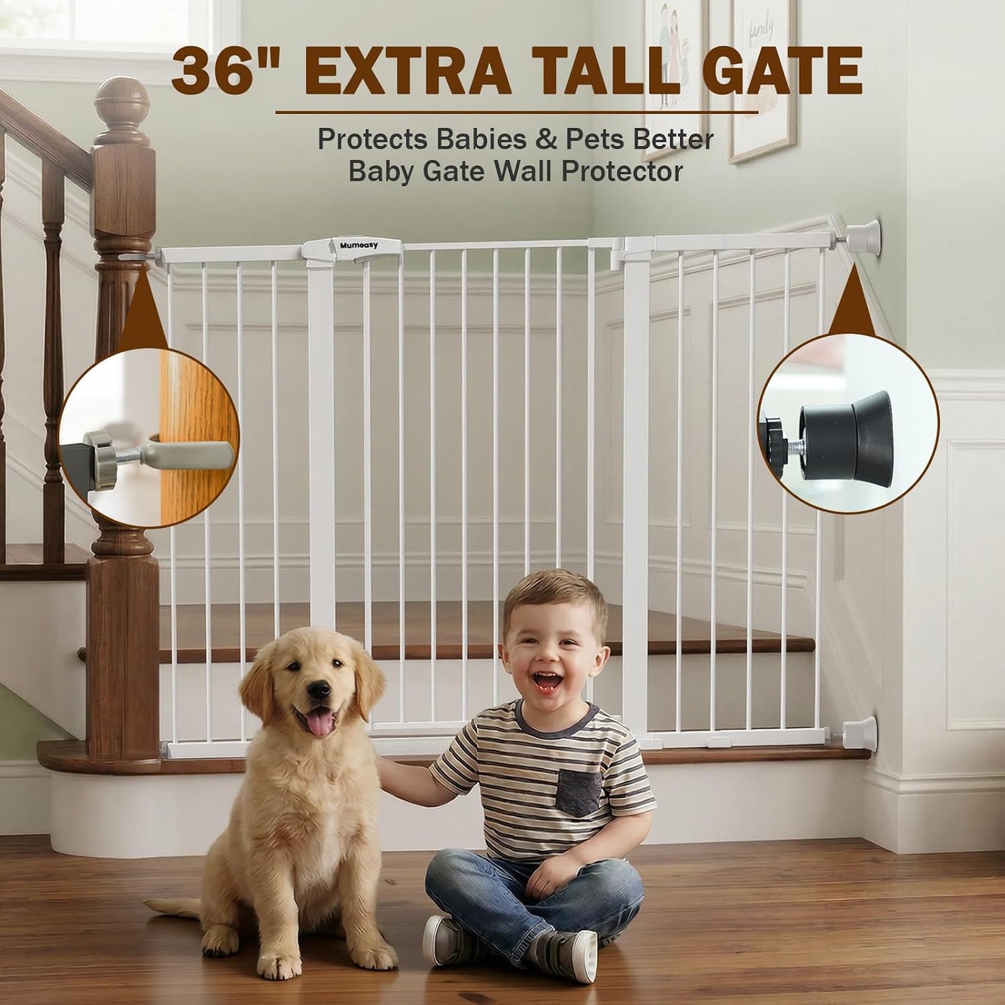 Mumeasy 29.7-57" Extra Wide Baby Gate for Doorways, Auto Close Dog Gate Indoor for Stairs, No-Drill Pressure Mounted Pet Gate with Door, Easy Walk Thru Long&Large Safety Gate for House, Outdoor, White