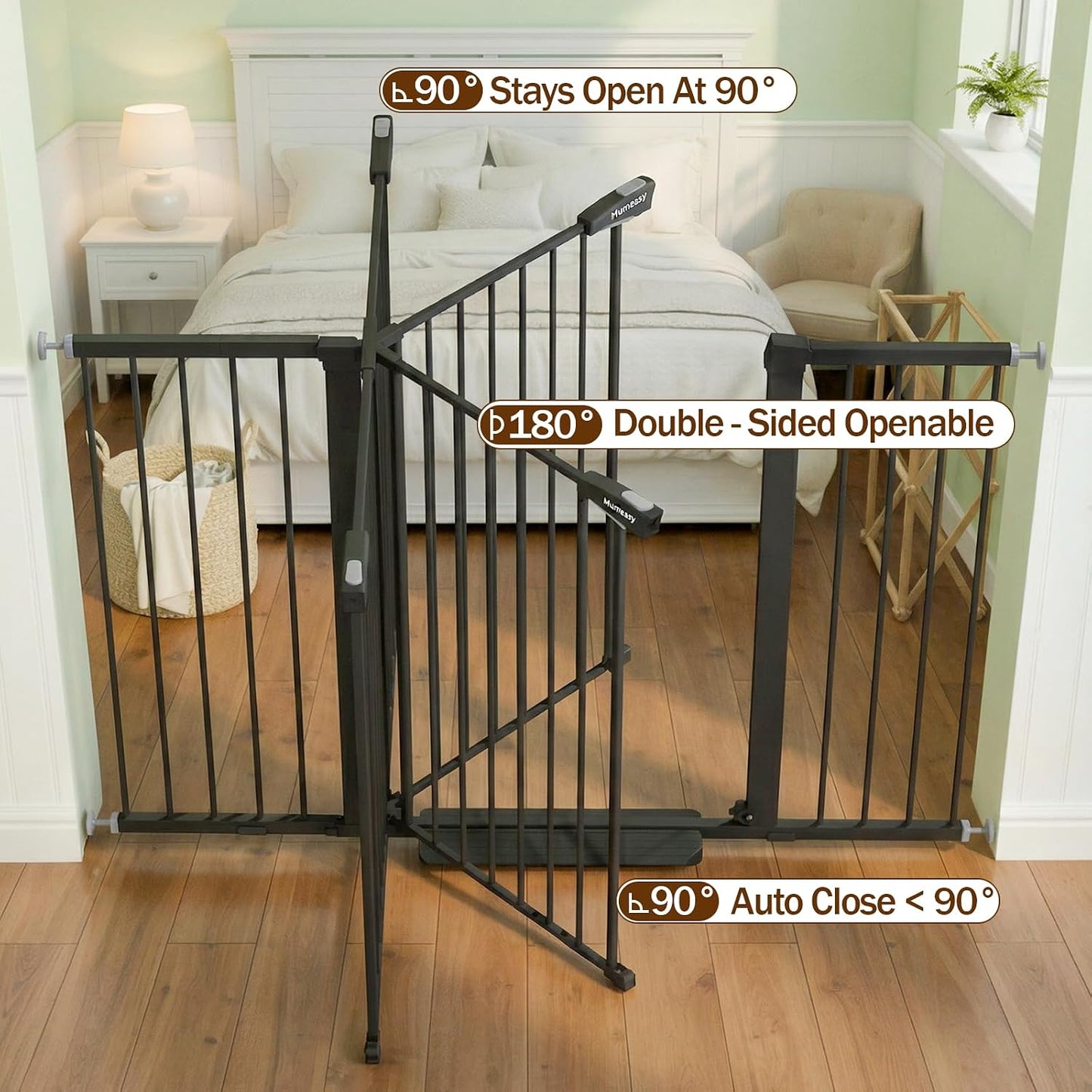 Mumeasy 29.7-57" Extra Wide Baby Gate for Doorways, Auto Close Dog Gate Indoor for Stairs, No-Drill Pressure Mounted Pet Gate with Door, Easy Walk Thru Long&Large Safety Gate for House, Outdoor, White