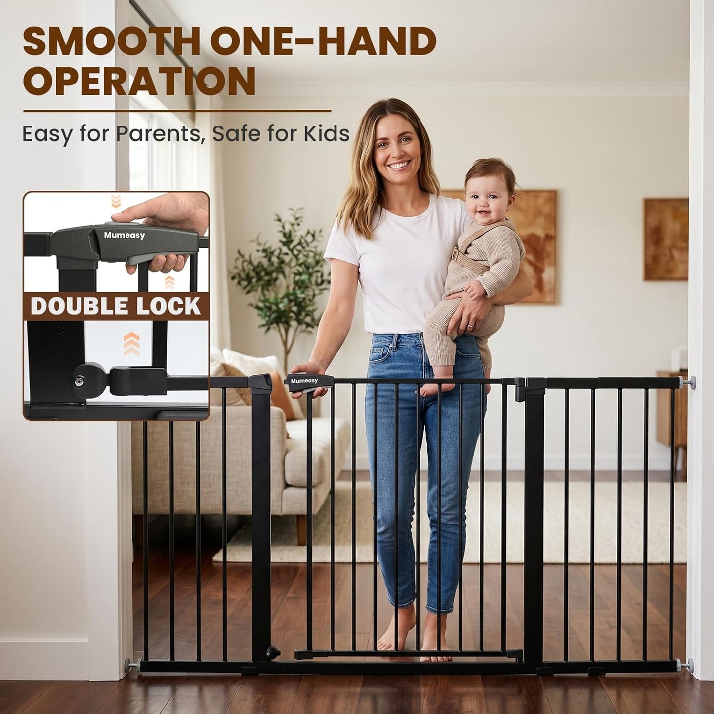 Mumeasy 29.7-57" Extra Wide Baby Gate for Doorways, Auto Close Dog Gate Indoor for Stairs, No-Drill Pressure Mounted Pet Gate with Door, Easy Walk Thru Long&Large Safety Gate for House, Outdoor, White