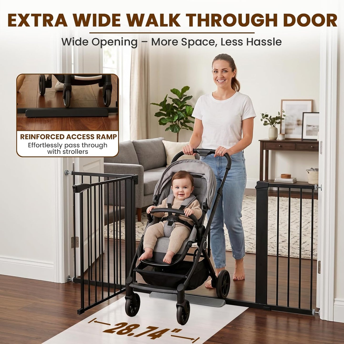 Mumeasy 29.7-57" Extra Wide Baby Gate for Doorways, Auto Close Dog Gate Indoor for Stairs, No-Drill Pressure Mounted Pet Gate with Door, Easy Walk Thru Long&Large Safety Gate for House, Outdoor, White