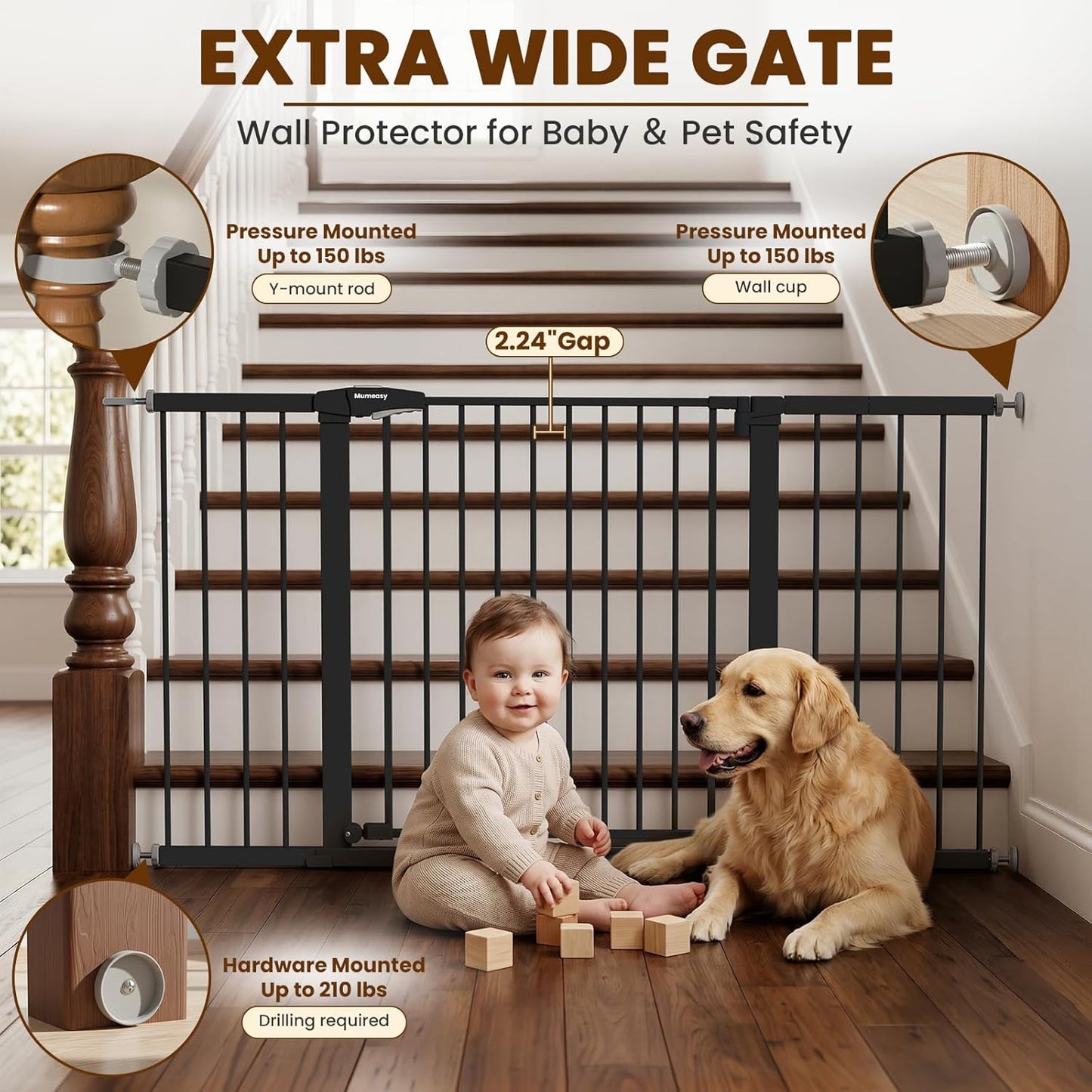Mumeasy 29.7-57" Extra Wide Baby Gate for Doorways, Auto Close Dog Gate Indoor for Stairs, No-Drill Pressure Mounted Pet Gate with Door, Easy Walk Thru Long&Large Safety Gate for House, Outdoor, White