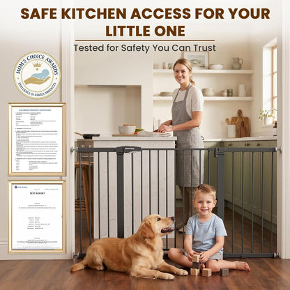 Mumeasy 29.7-57" Extra Wide Baby Gate for Doorways, Auto Close Dog Gate Indoor for Stairs, No-Drill Pressure Mounted Pet Gate with Door, Easy Walk Thru Long&Large Safety Gate for House, Outdoor, White