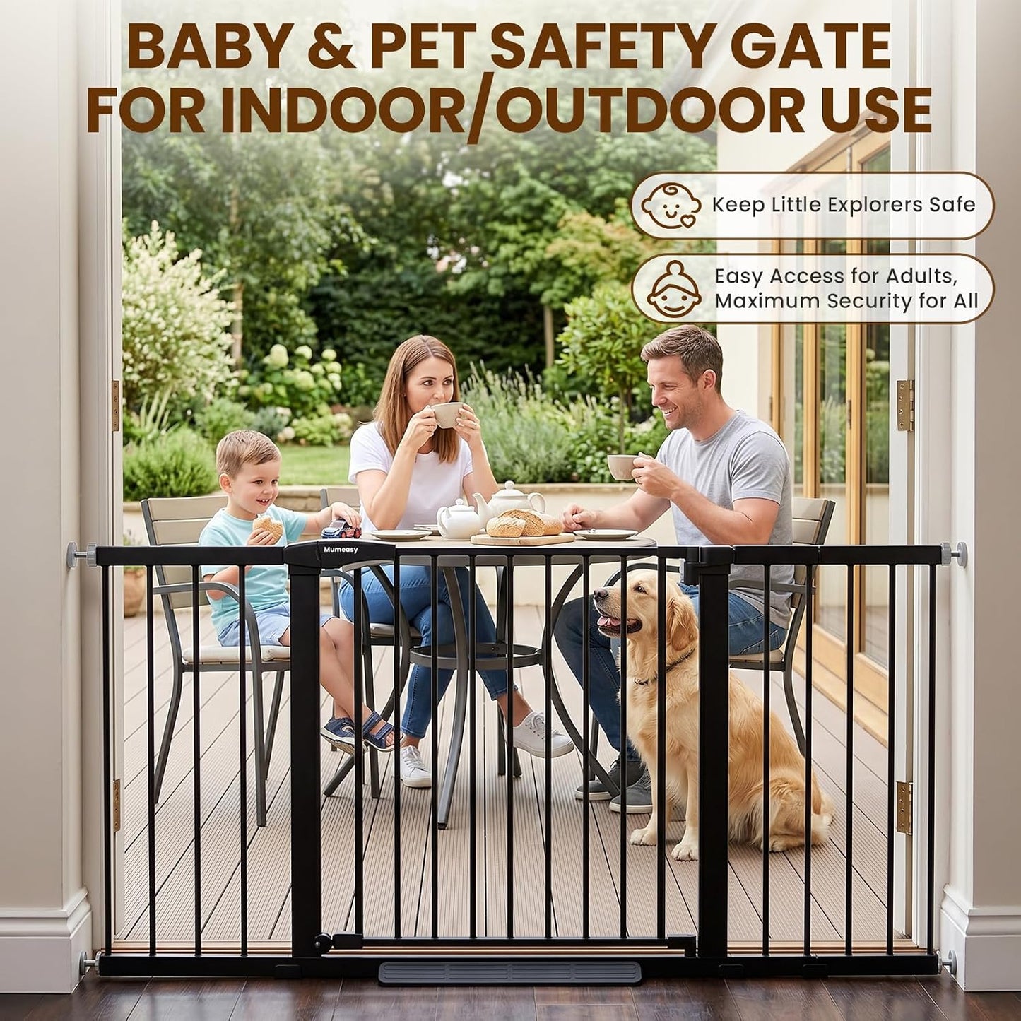 Mumeasy 29.7-57" Extra Wide Baby Gate for Doorways, Auto Close Dog Gate Indoor for Stairs, No-Drill Pressure Mounted Pet Gate with Door, Easy Walk Thru Long&Large Safety Gate for House, Outdoor, White