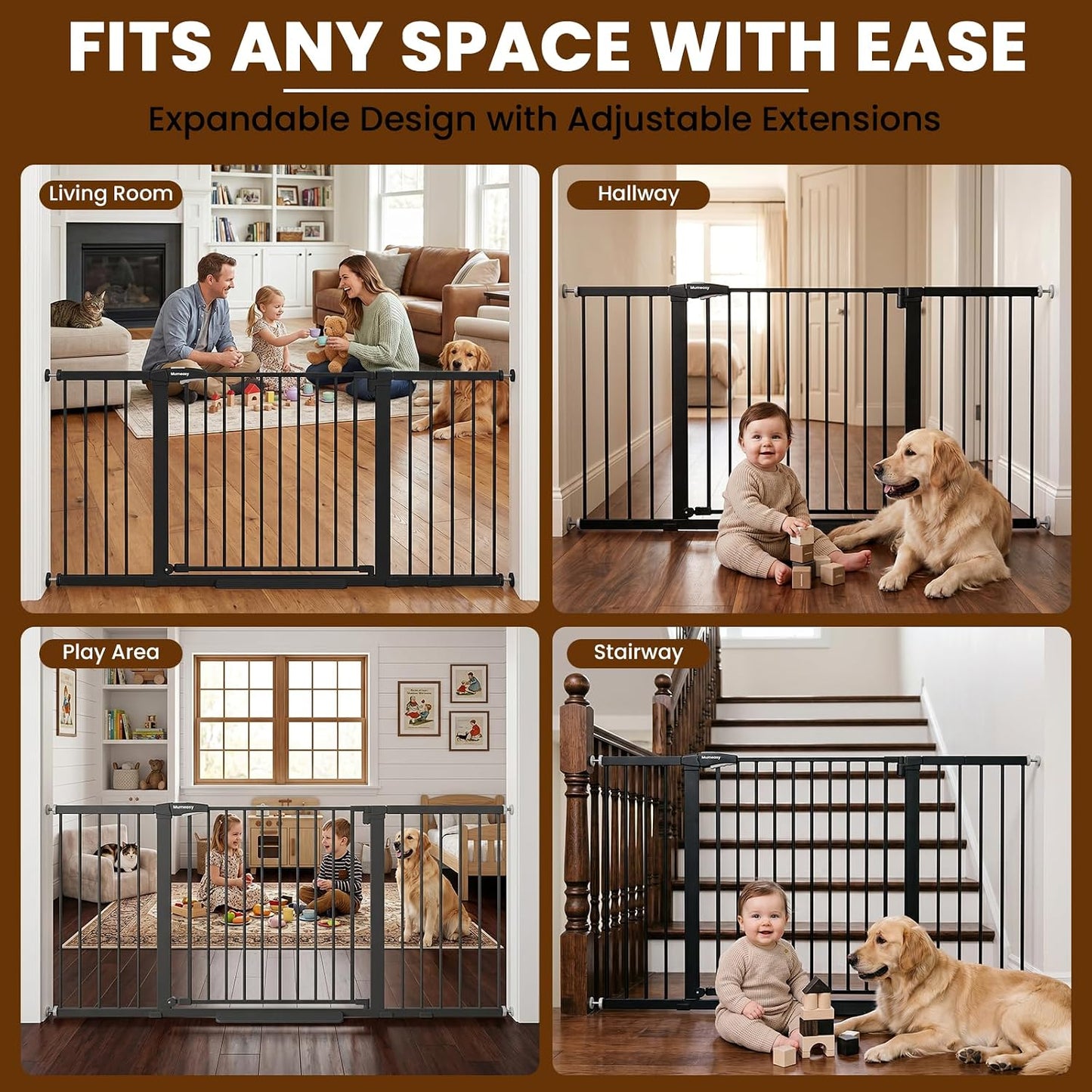 Mumeasy 29.7-57" Extra Wide Baby Gate for Doorways, Auto Close Dog Gate Indoor for Stairs, No-Drill Pressure Mounted Pet Gate with Door, Easy Walk Thru Long&Large Safety Gate for House, Outdoor, White