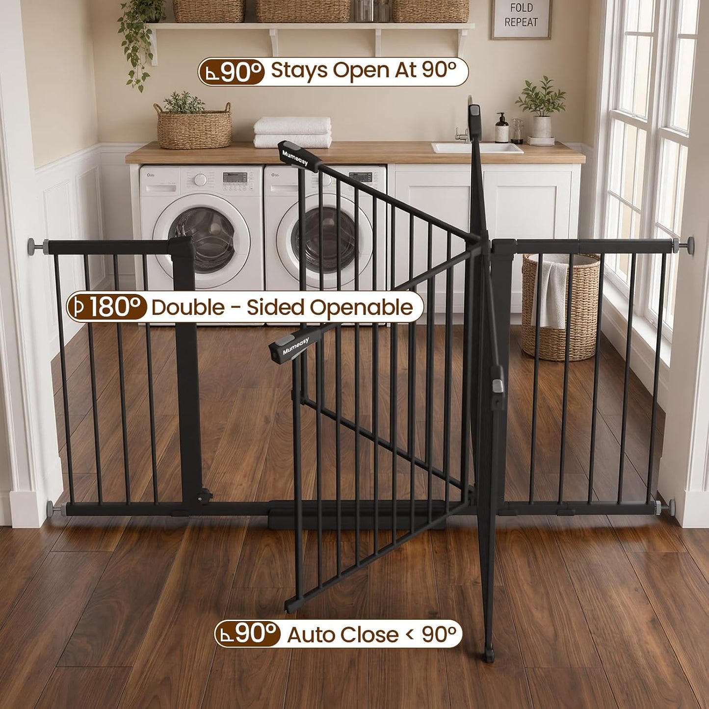 Mumeasy 29.7-57" Extra Wide Baby Gate for Doorways, Auto Close Dog Gate Indoor for Stairs, No-Drill Pressure Mounted Pet Gate with Door, Easy Walk Thru Long&Large Safety Gate for House, Outdoor, White