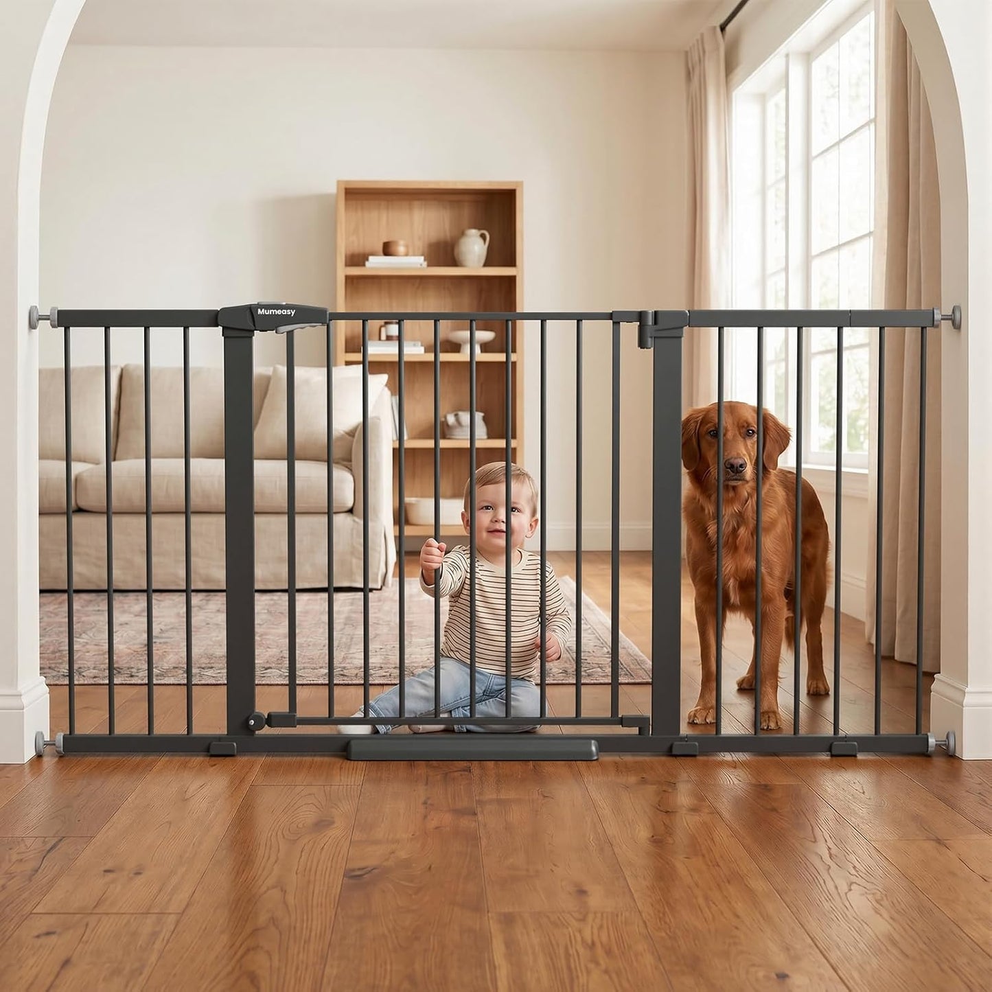Mumeasy 29.7-57" Extra Wide Baby Gate for Doorways, Auto Close Dog Gate Indoor for Stairs, No-Drill Pressure Mounted Pet Gate with Door, Easy Walk Thru Long&Large Safety Gate for House, Outdoor, White