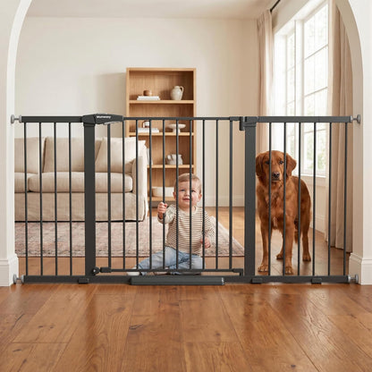 Mumeasy 29.7-57" Extra Wide Baby Gate for Doorways, Auto Close Dog Gate Indoor for Stairs, No-Drill Pressure Mounted Pet Gate with Door, Easy Walk Thru Long&Large Safety Gate for House, Outdoor, White