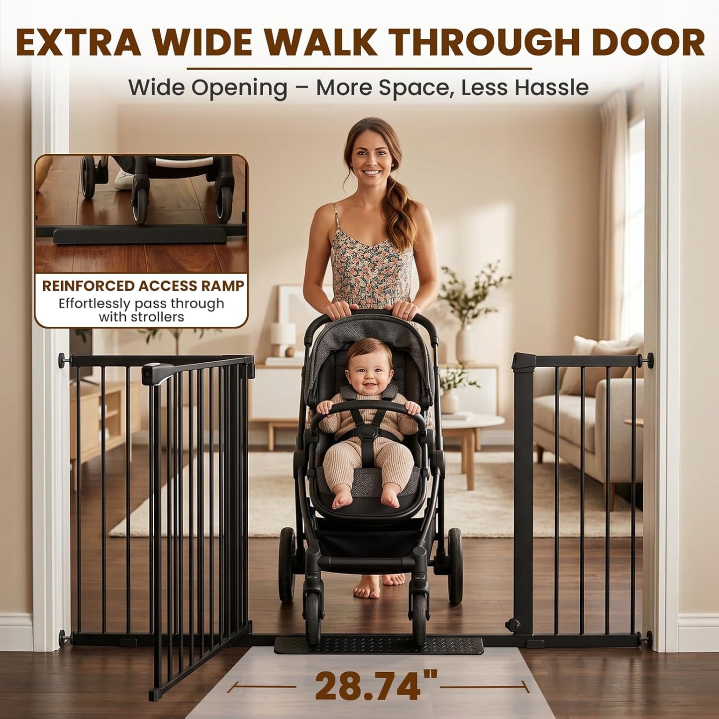 Mumeasy 29.7-57" Extra Wide Baby Gate for Doorways, Auto Close Dog Gate Indoor for Stairs, No-Drill Pressure Mounted Pet Gate with Door, Easy Walk Thru Long&Large Safety Gate for House, Outdoor, White