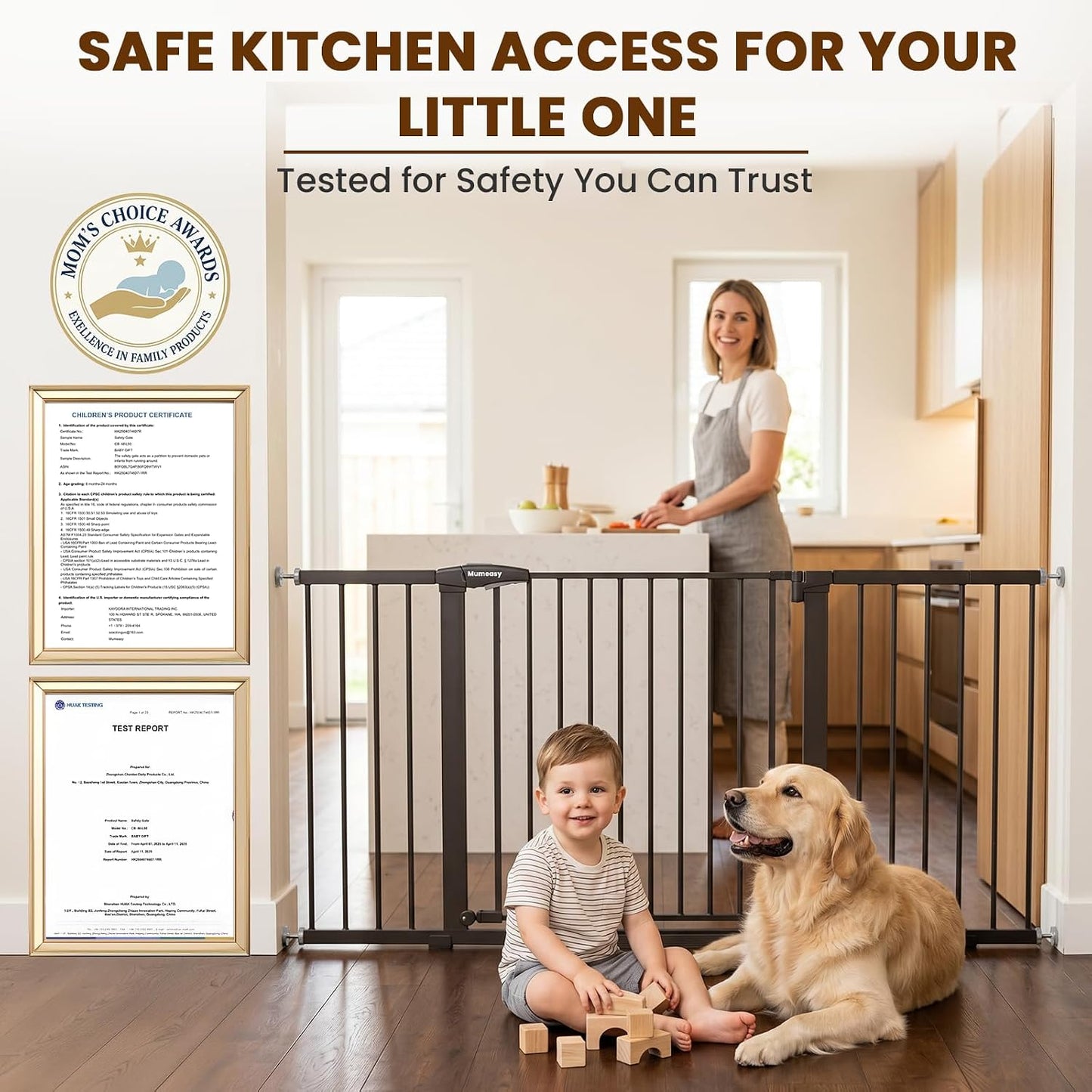 Mumeasy 29.7-57" Extra Wide Baby Gate for Doorways, Auto Close Dog Gate Indoor for Stairs, No-Drill Pressure Mounted Pet Gate with Door, Easy Walk Thru Long&Large Safety Gate for House, Outdoor, White