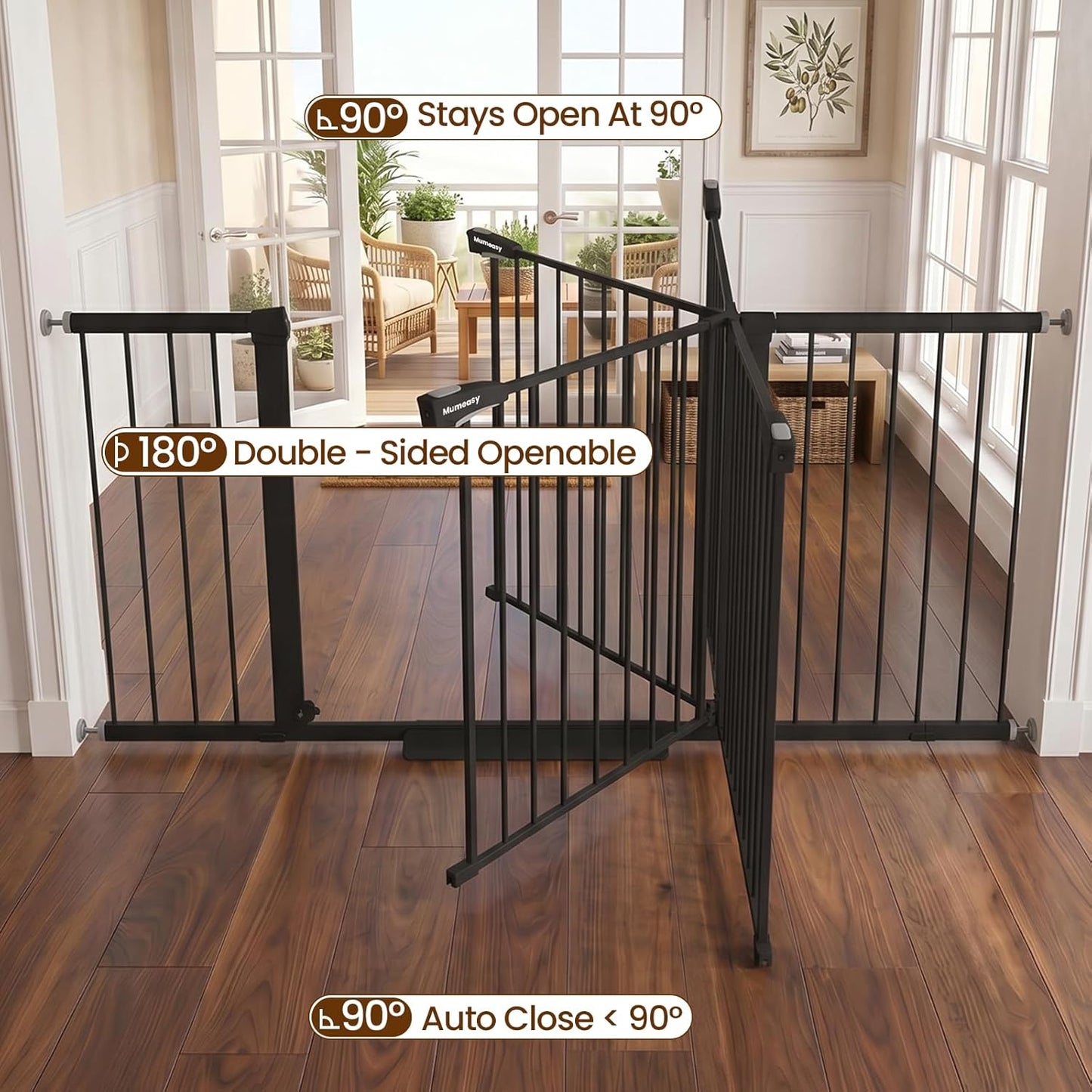 Mumeasy 29.7-57" Extra Wide Baby Gate for Doorways, Auto Close Dog Gate Indoor for Stairs, No-Drill Pressure Mounted Pet Gate with Door, Easy Walk Thru Long&Large Safety Gate for House, Outdoor, White