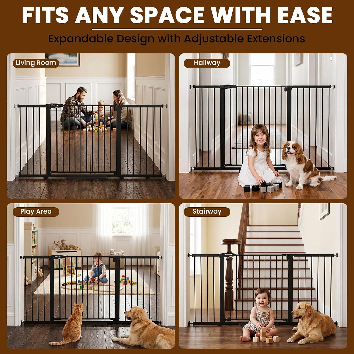 Mumeasy 29.7-57" Extra Wide Baby Gate for Doorways, Auto Close Dog Gate Indoor for Stairs, No-Drill Pressure Mounted Pet Gate with Door, Easy Walk Thru Long&Large Safety Gate for House, Outdoor, White