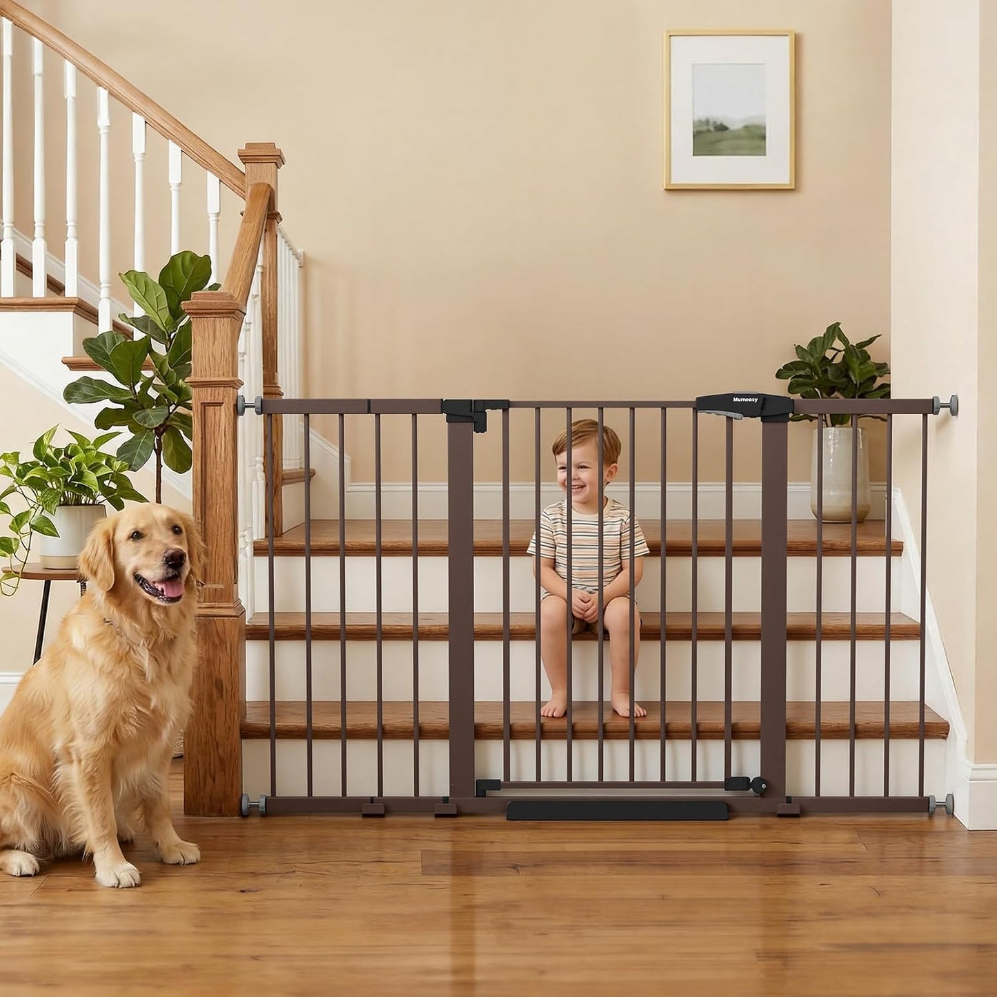 Mumeasy 29.7-57" Extra Wide Baby Gate for Doorways, Auto Close Dog Gate Indoor for Stairs, No-Drill Pressure Mounted Pet Gate with Door, Easy Walk Thru Long&Large Safety Gate for House, Outdoor, White