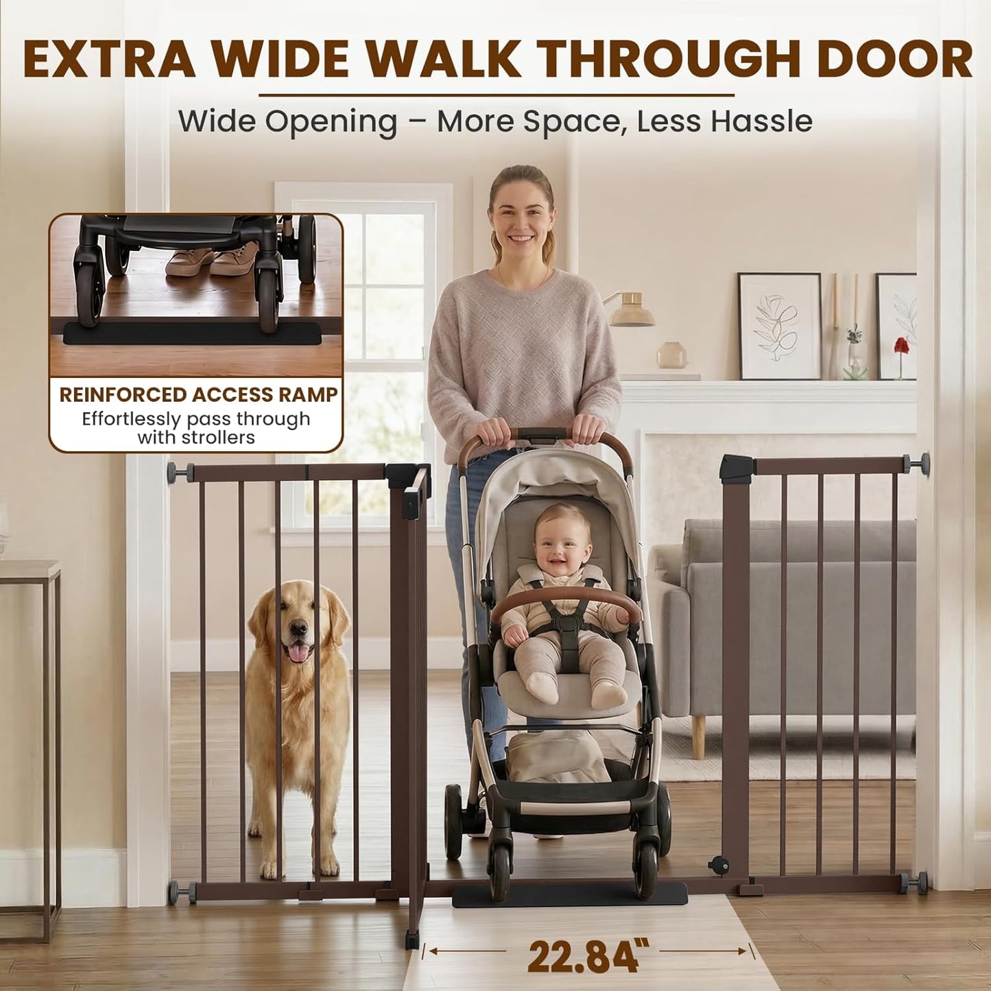 Mumeasy 29.7-57" Extra Wide Baby Gate for Doorways, Auto Close Dog Gate Indoor for Stairs, No-Drill Pressure Mounted Pet Gate with Door, Easy Walk Thru Long&Large Safety Gate for House, Outdoor, White