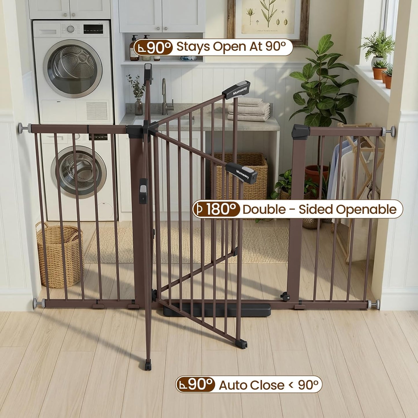 Mumeasy 29.7-57" Extra Wide Baby Gate for Doorways, Auto Close Dog Gate Indoor for Stairs, No-Drill Pressure Mounted Pet Gate with Door, Easy Walk Thru Long&Large Safety Gate for House, Outdoor, White