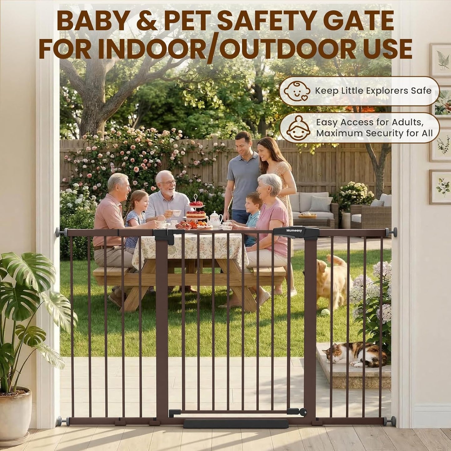 Mumeasy 29.7-57" Extra Wide Baby Gate for Doorways, Auto Close Dog Gate Indoor for Stairs, No-Drill Pressure Mounted Pet Gate with Door, Easy Walk Thru Long&Large Safety Gate for House, Outdoor, White