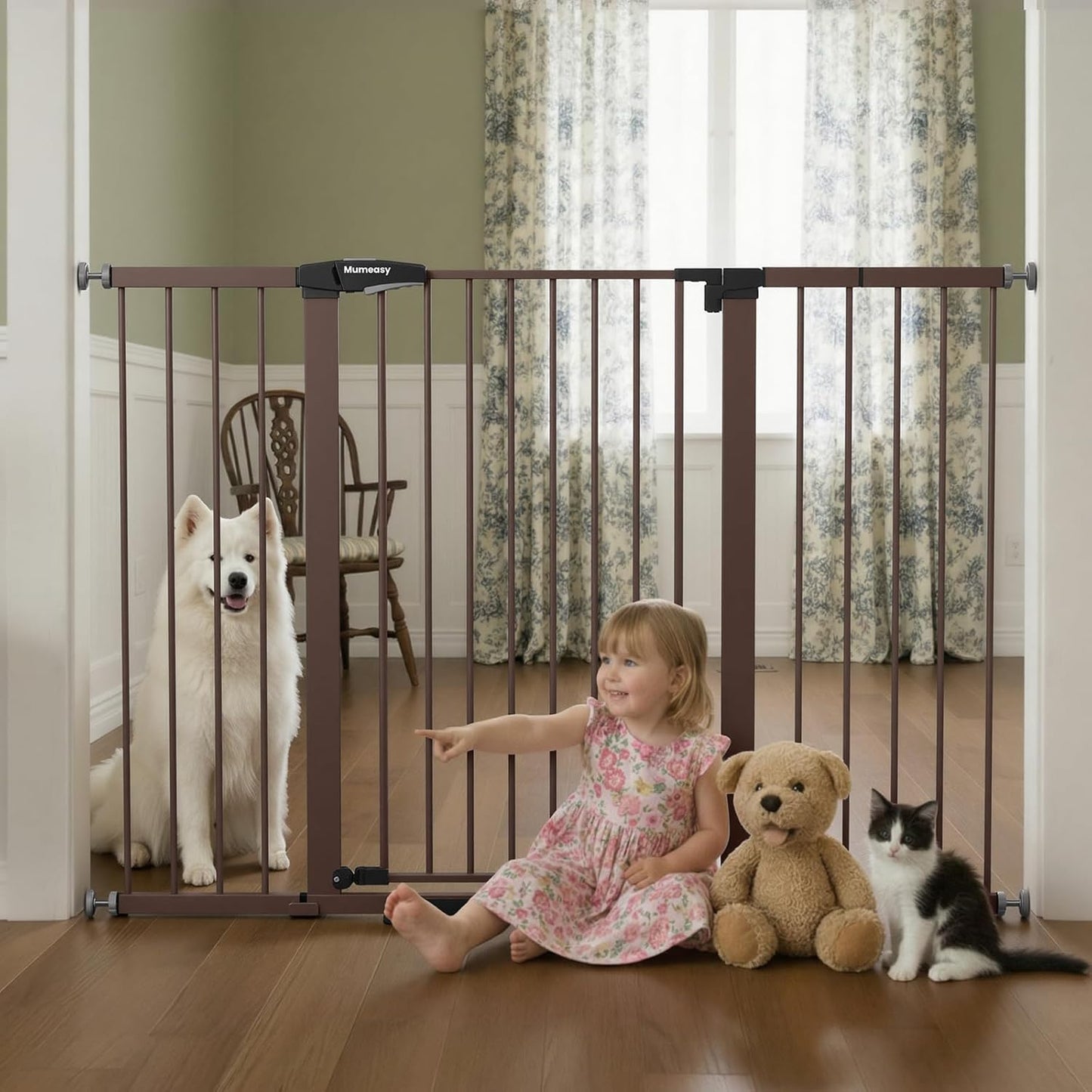 Mumeasy 29.7-57" Extra Wide Baby Gate for Doorways, Auto Close Dog Gate Indoor for Stairs, No-Drill Pressure Mounted Pet Gate with Door, Easy Walk Thru Long&Large Safety Gate for House, Outdoor, White