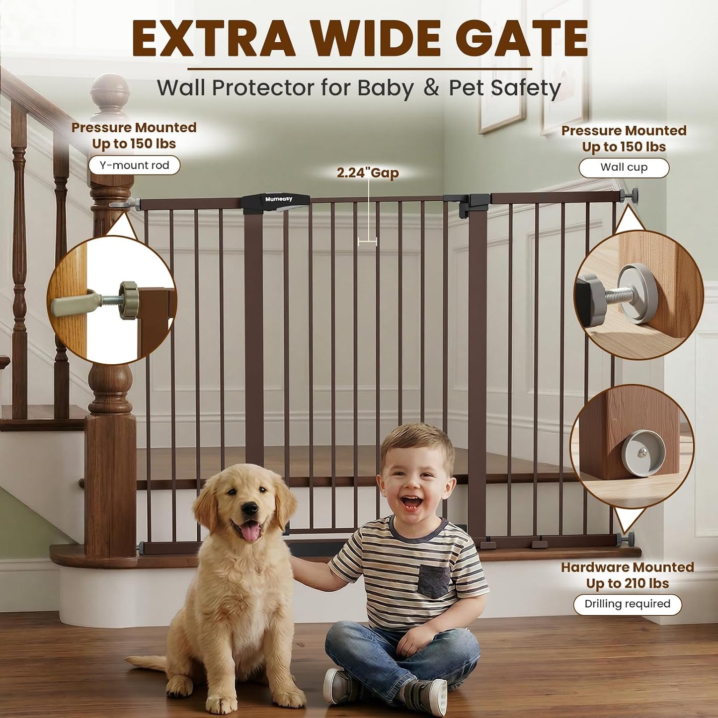 Mumeasy 29.7-57" Extra Wide Baby Gate for Doorways, Auto Close Dog Gate Indoor for Stairs, No-Drill Pressure Mounted Pet Gate with Door, Easy Walk Thru Long&Large Safety Gate for House, Outdoor, White