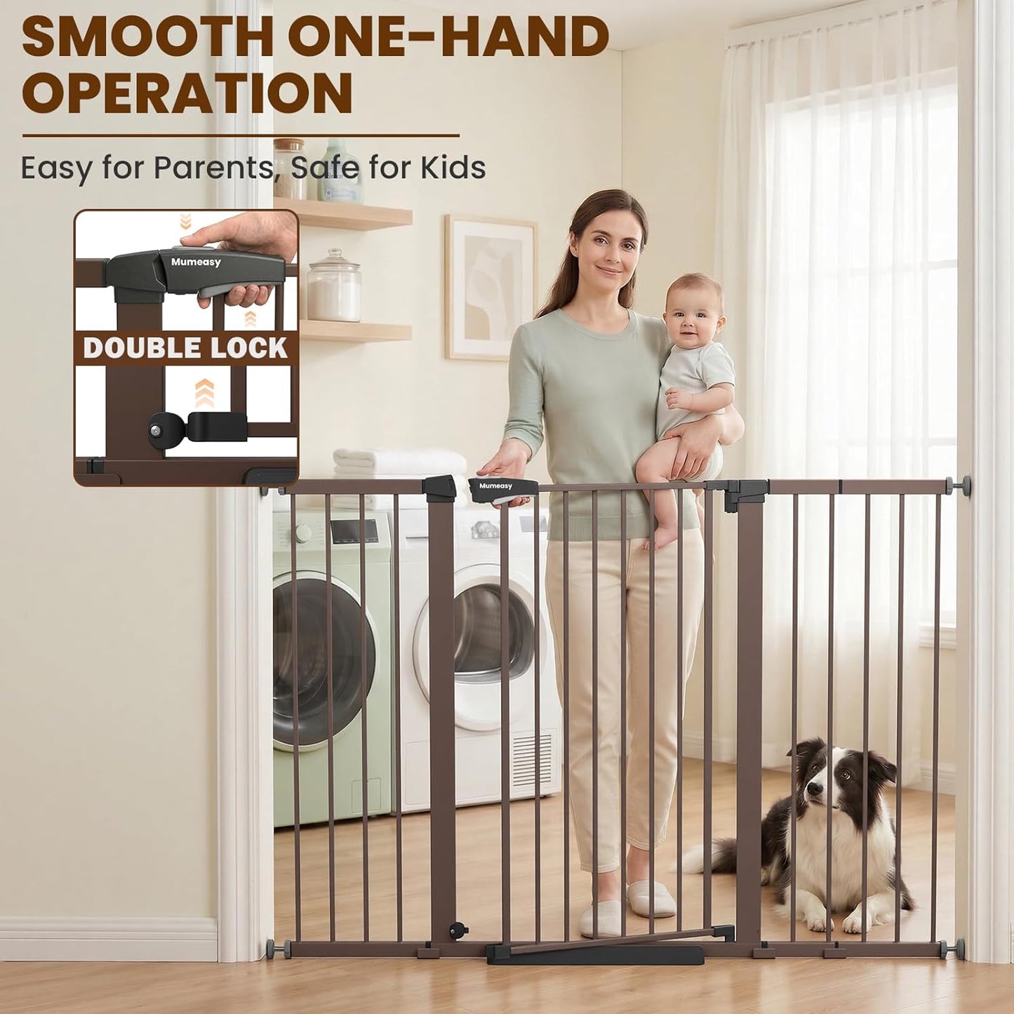 Mumeasy 29.7-57" Extra Wide Baby Gate for Doorways, Auto Close Dog Gate Indoor for Stairs, No-Drill Pressure Mounted Pet Gate with Door, Easy Walk Thru Long&Large Safety Gate for House, Outdoor, White