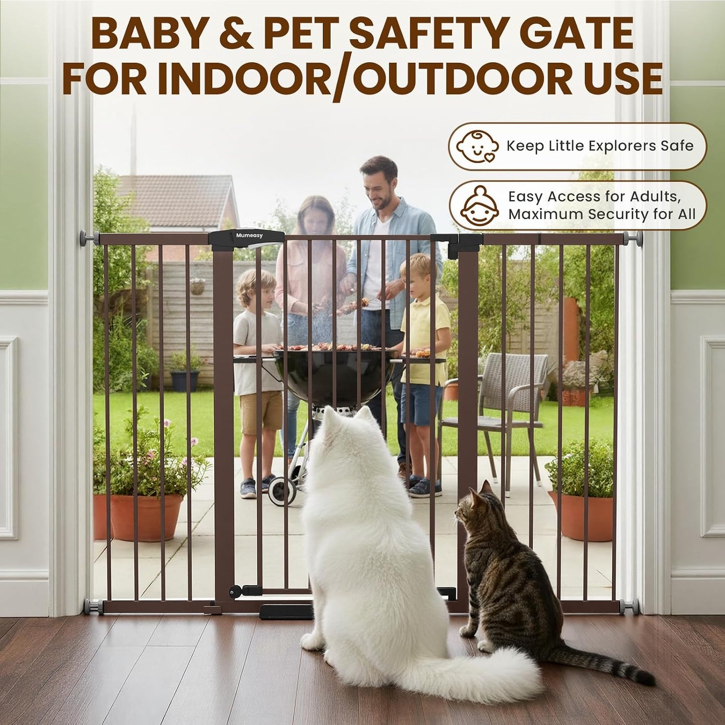 Mumeasy 29.7-57" Extra Wide Baby Gate for Doorways, Auto Close Dog Gate Indoor for Stairs, No-Drill Pressure Mounted Pet Gate with Door, Easy Walk Thru Long&Large Safety Gate for House, Outdoor, White