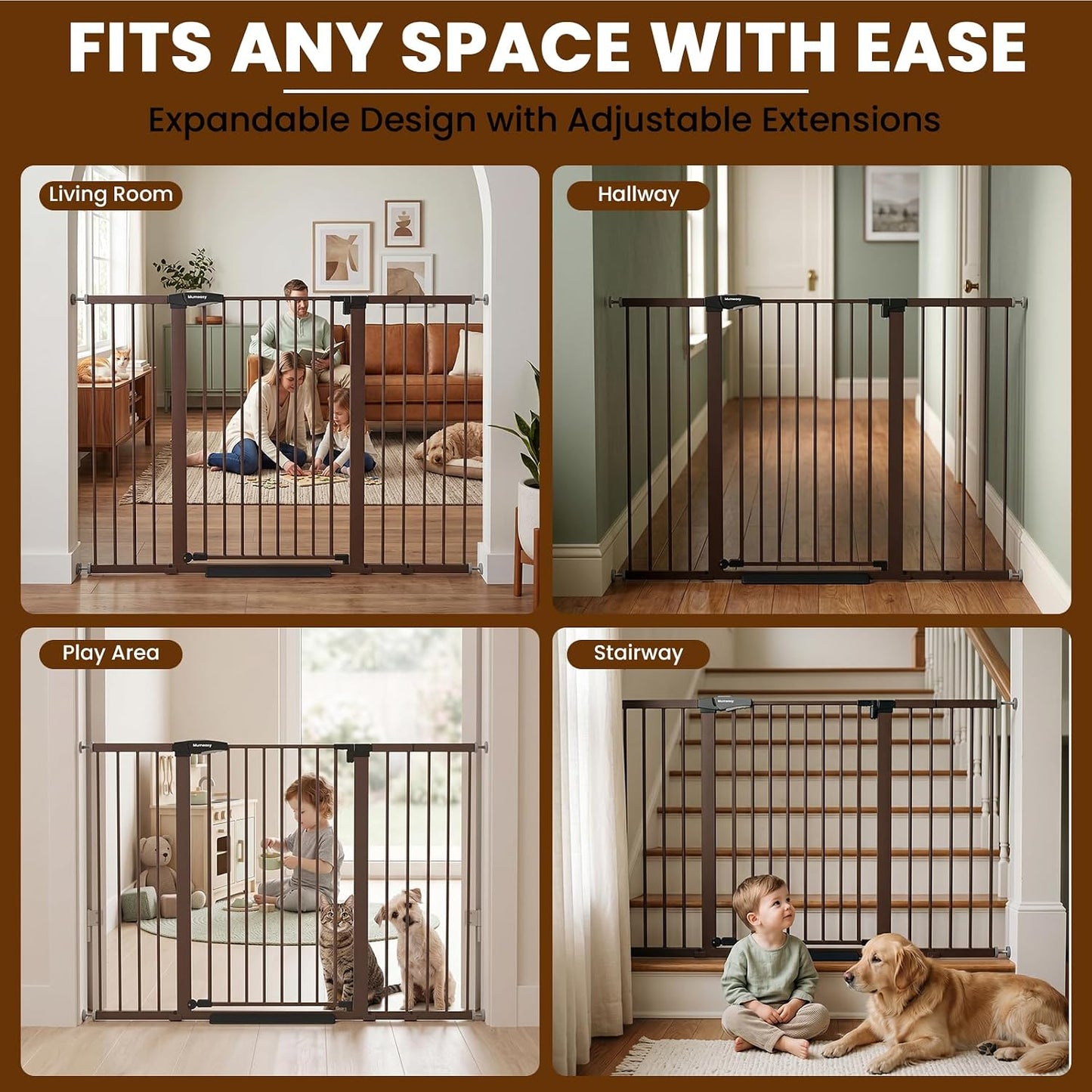 Mumeasy 29.7-57" Extra Wide Baby Gate for Doorways, Auto Close Dog Gate Indoor for Stairs, No-Drill Pressure Mounted Pet Gate with Door, Easy Walk Thru Long&Large Safety Gate for House, Outdoor, White