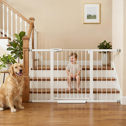 Mumeasy 29.7-57" Extra Wide Baby Gate for Doorways, Auto Close Dog Gate Indoor for Stairs, No-Drill Pressure Mounted Pet Gate with Door, Easy Walk Thru Long&Large Safety Gate for House, Outdoor, White